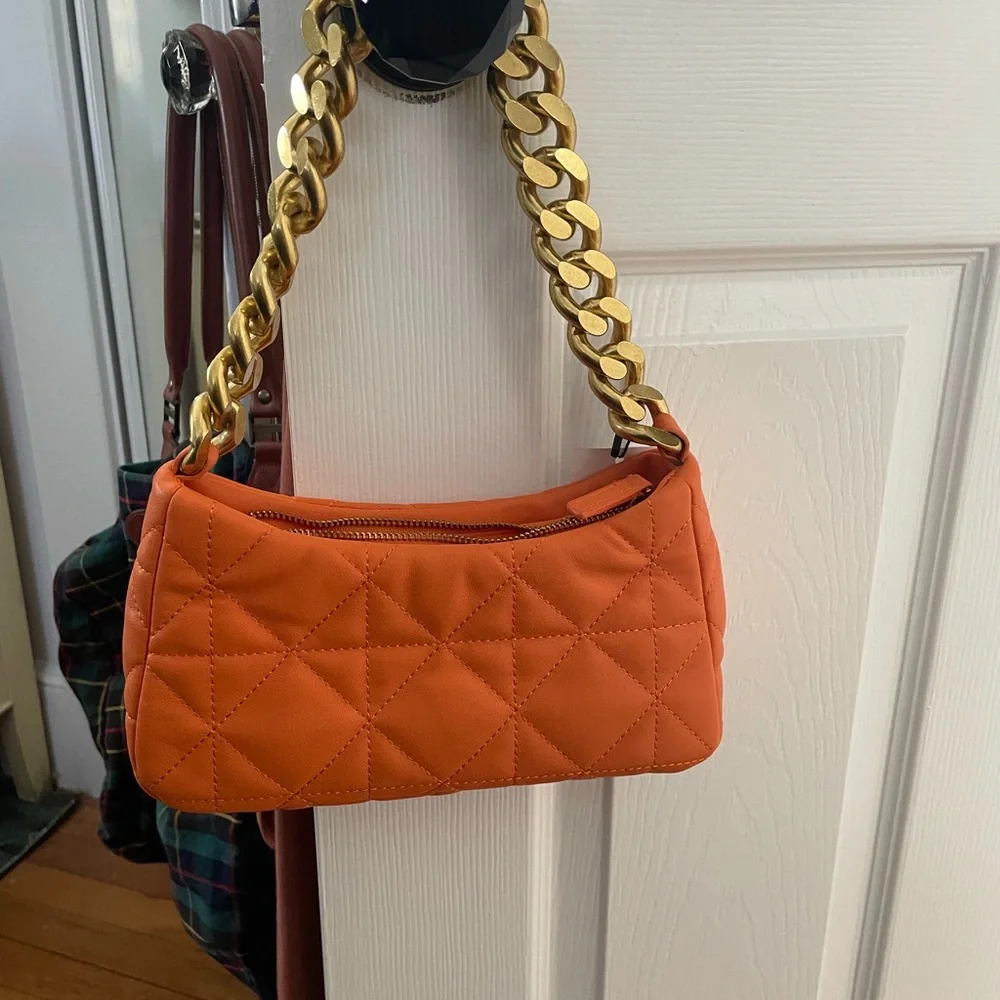 Mango Orange Quilted Baguette Purse with Gold Chain - Picture 13 of 16